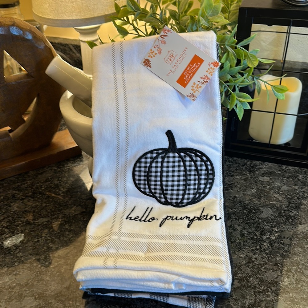 🎃 3 Farmhouse Rachel Ashwell Hello Pumpkin Plaid Kitchen Towels Hand Towels NWT
